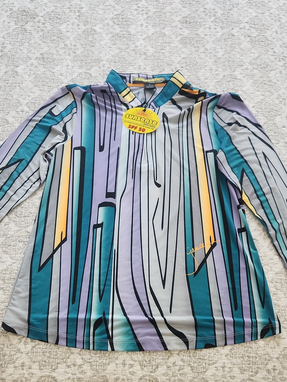 jamie sadock sunsense Lavender & Teal Geometric Zip-Front Long Sleeve Polo - Picture 3 of 6
